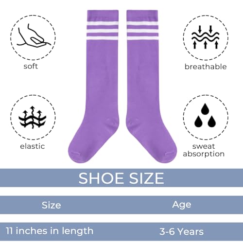 Benefeet Sox Toddler Soccer Socks Three Striped Kids Soccer Socks Girls Boys Long Tube Knee High Sock Youth Neon Solid Cotton Sport Softball Baseball Sock, Purple - Image 4