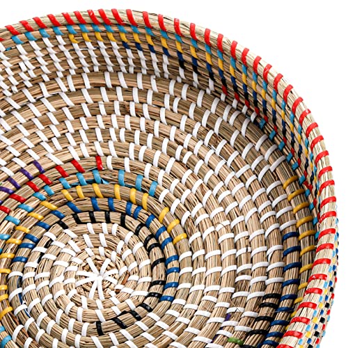 SOUJOY 12'' Woven Seagrass Serving Tray, Rattan Serving Tray, Handmade Round Ottoman Fruit Tray, Colorful Coffee Table Decorative Tray for Bread, Tea, Breakfast, Coffee, Drinks, Snack, Wall Decor - Image 3