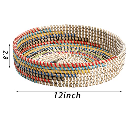 SOUJOY 12'' Woven Seagrass Serving Tray, Rattan Serving Tray, Handmade Round Ottoman Fruit Tray, Colorful Coffee Table Decorative Tray for Bread, Tea, Breakfast, Coffee, Drinks, Snack, Wall Decor - Image 2