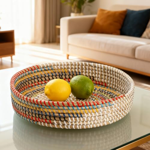 SOUJOY 12'' Woven Seagrass Serving Tray, Rattan Serving Tray, Handmade Round Ottoman Fruit Tray, Colorful Coffee Table Decorative Tray for Bread, Tea, Breakfast, Coffee, Drinks, Snack, Wall Decor - Image 4