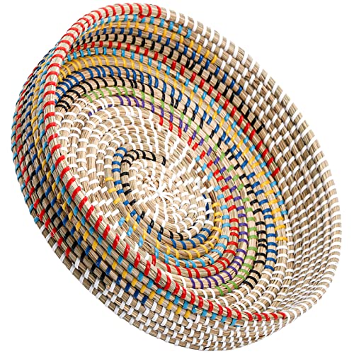 SOUJOY 12'' Woven Seagrass Serving Tray, Rattan Serving Tray, Handmade Round Ottoman Fruit Tray, Colorful Coffee Table Decorative Tray for Bread, Tea, Breakfast, Coffee, Drinks, Snack, Wall Decor - Image 1