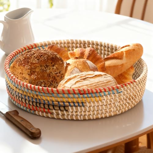 SOUJOY 12'' Woven Seagrass Serving Tray, Rattan Serving Tray, Handmade Round Ottoman Fruit Tray, Colorful Coffee Table Decorative Tray for Bread, Tea, Breakfast, Coffee, Drinks, Snack, Wall Decor - Image 5