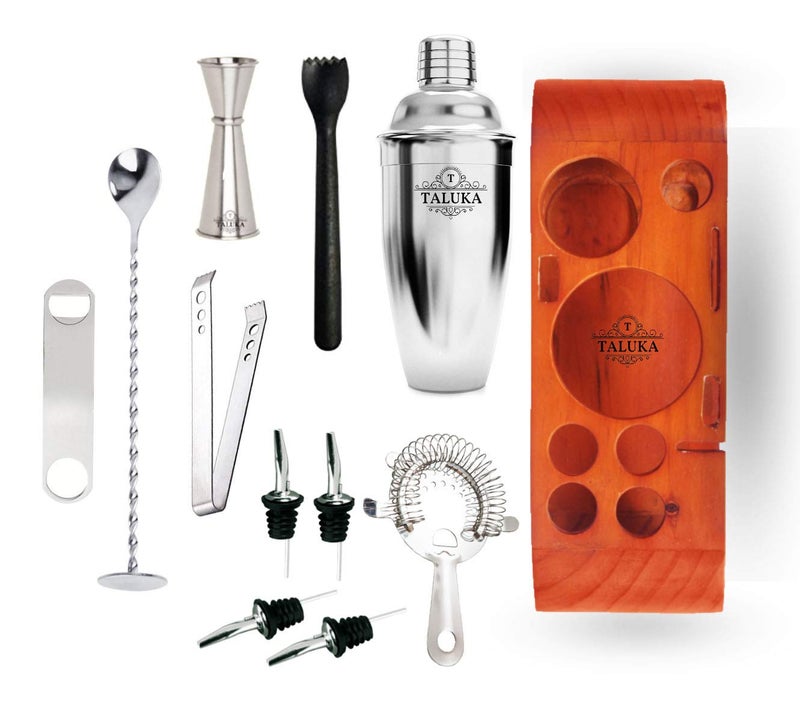 Taluka Stainless Steel Bar Set for Drink Mixing Bar Tools Cocktail Shaker Jigger Strainer Bar Mixer Spoon Ice Tongs Bottle Opener Pourer Muddler Joint Less Wooden Stand Plain - Image 4
