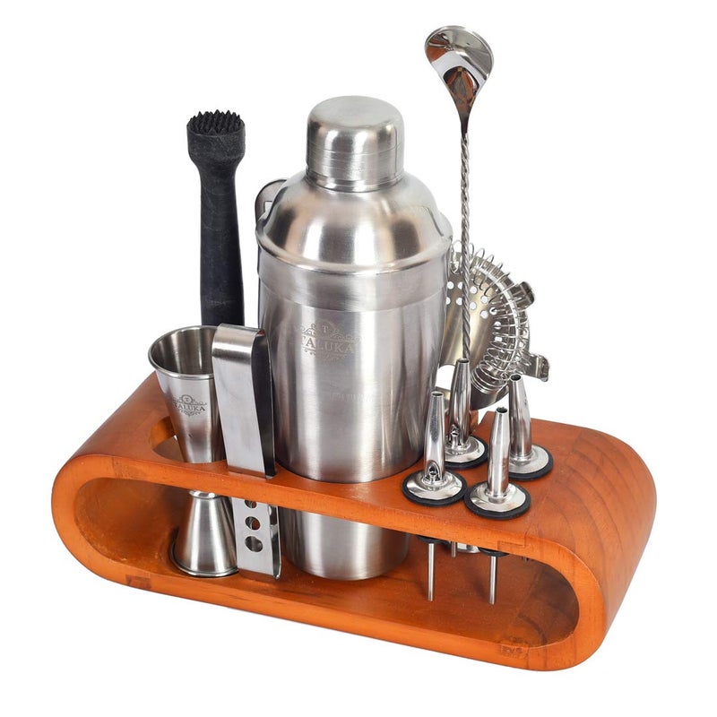 Taluka Stainless Steel Bar Set for Drink Mixing Bar Tools Cocktail Shaker Jigger Strainer Bar Mixer Spoon Ice Tongs Bottle Opener Pourer Muddler Joint Less Wooden Stand Plain - Image 1