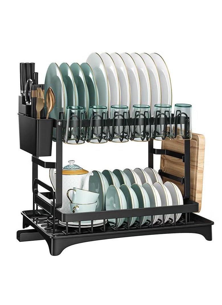 Foldable 2 Tiers Dish Drying Stand With Rotatable Drainage System Scratch Resistant Frosted Baking Process Coatings Black