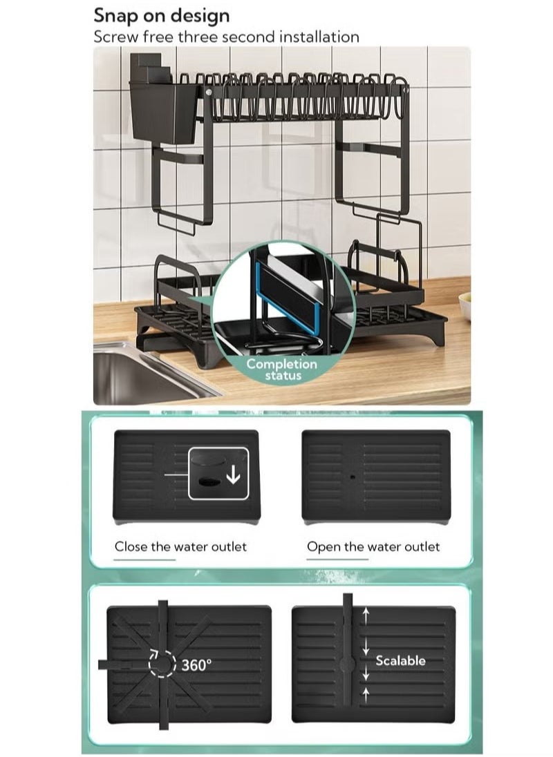 Foldable 2 Tiers Dish Drying Stand With Rotatable Drainage System Scratch Resistant Frosted Baking Process Coatings Black