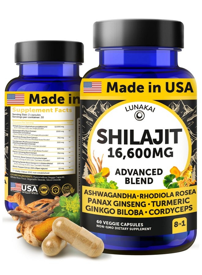Lunakai USA Made Pure Shilajit Capsules with Ashwagandha, Rhodiola & Cordyceps - Extra Strength Shilajit Extract for Men & Women, 60ct - Image 1