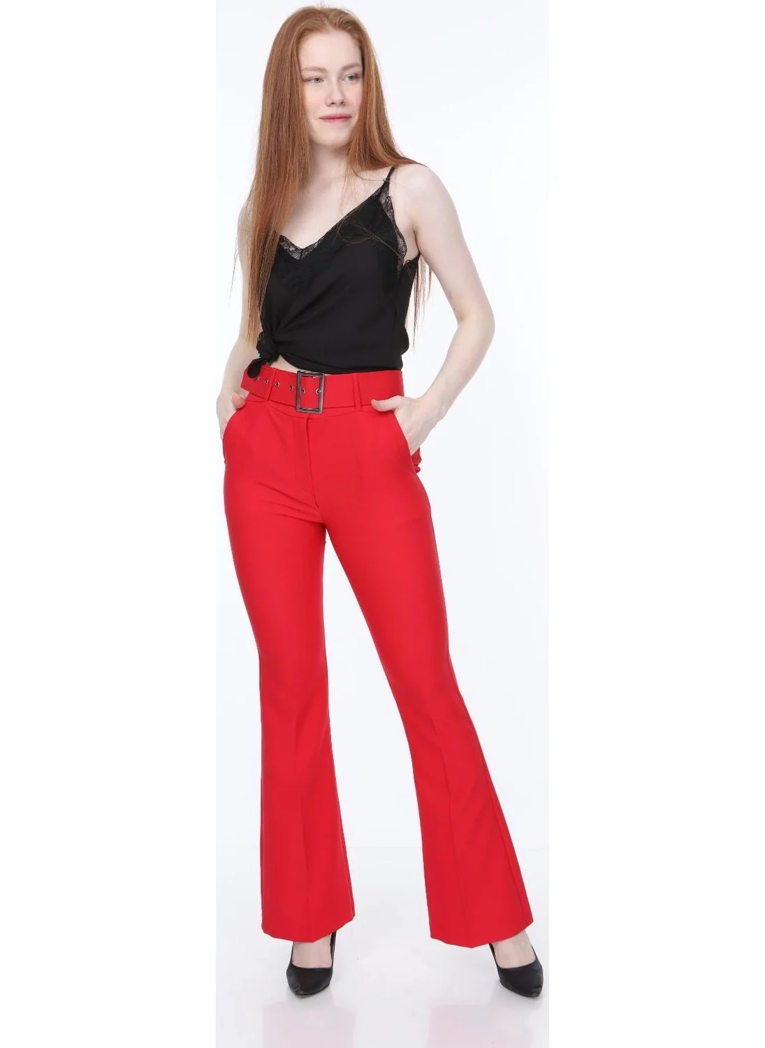 بلونس Waist Belted Red Fabric Trousers 44