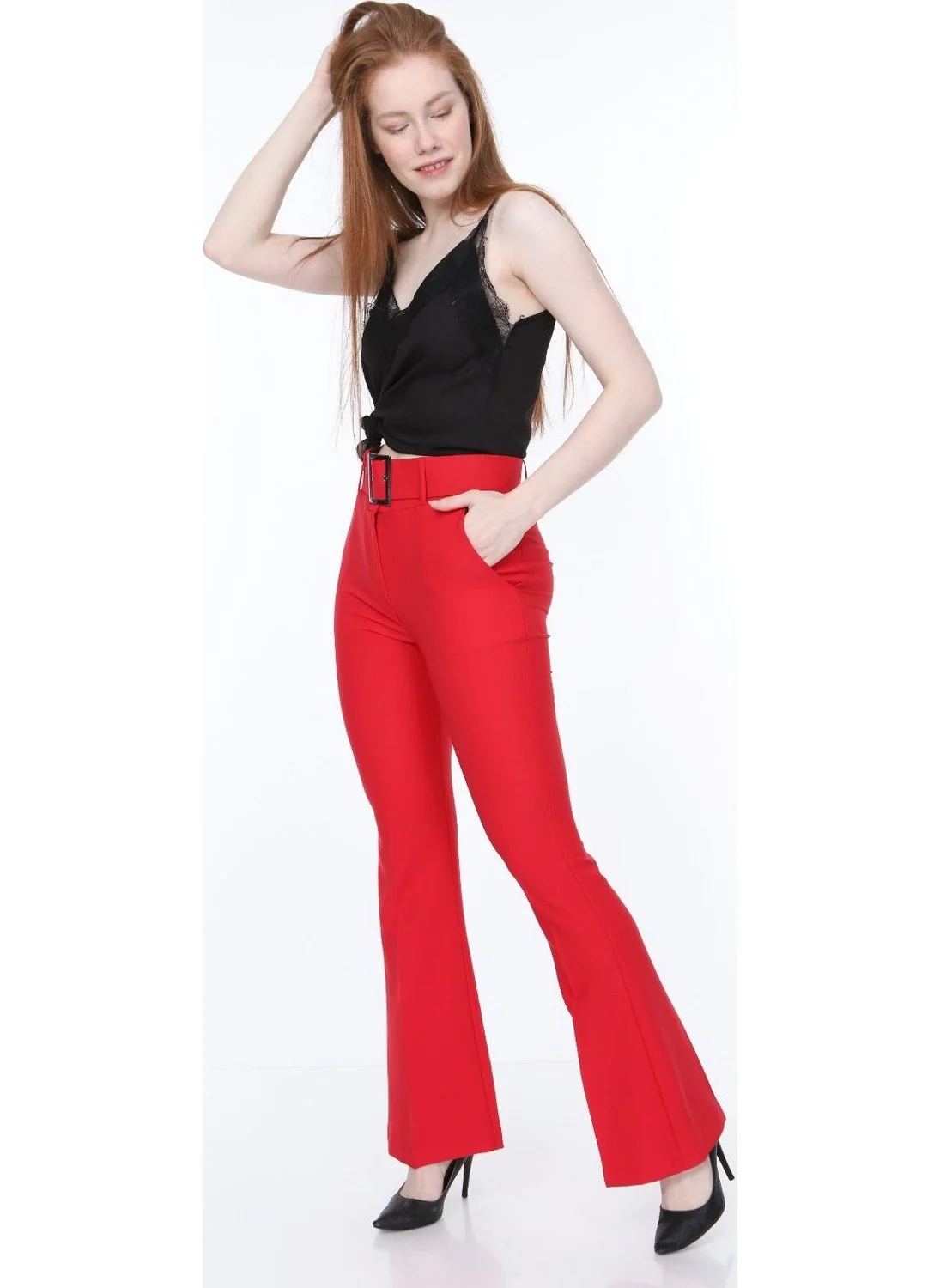 Bluence Waist Belted Red Fabric Trousers 44