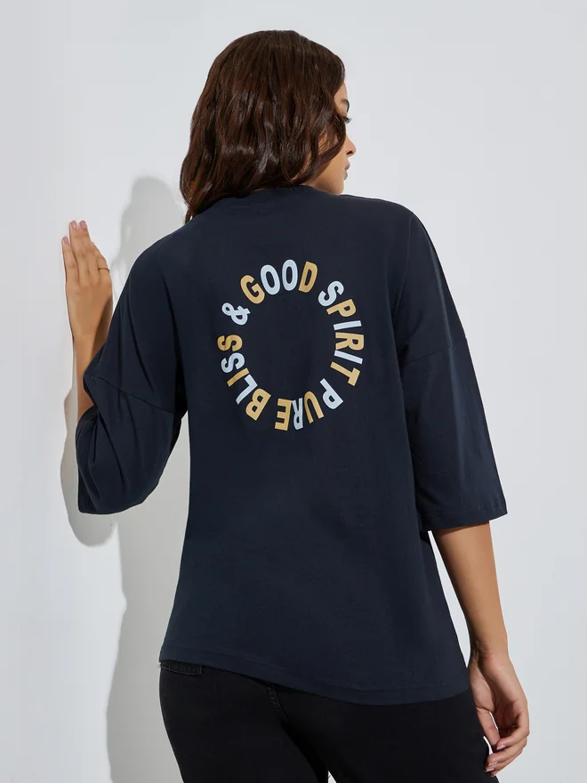 Styli Styli Navy Blue Slogan Print Oversized Cotton T-Shirt
