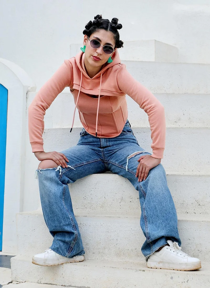 بينيا كولادا مشد علوي نسائي وردي اللون مع هوديي قصير للغاية