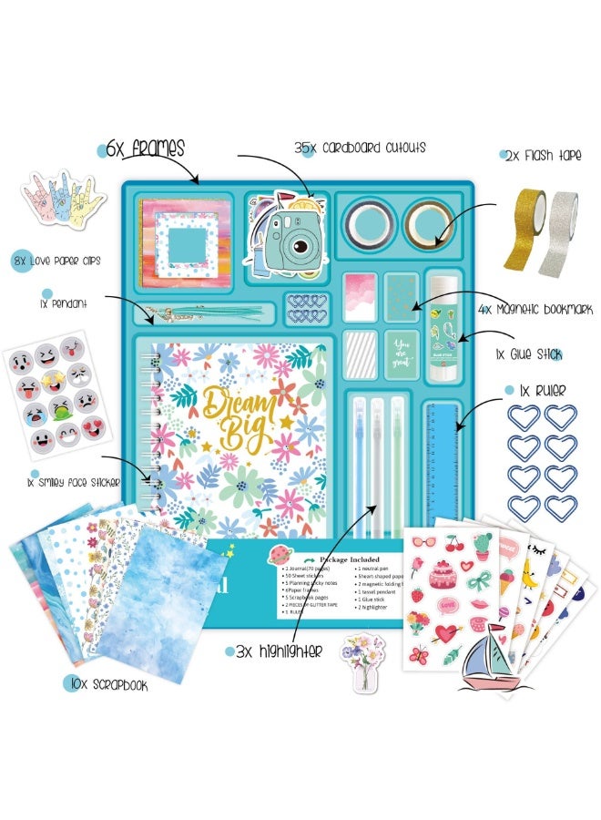 كابسترو طقم مذكرات اصنعها بنفسك - SH009 طقم مذكرات أزرق مع دفتر يوميات من 70 صفحة، ملصقات، ملاحظات لاصقة، علامات مرجعية، وقلادة على شكل شرابة - صندوق قرطاسية ودفتر قصاصات للأطفال من سن 4 سنوات فما فوق - هدية إبداعية للأولاد والبنات - Image 2