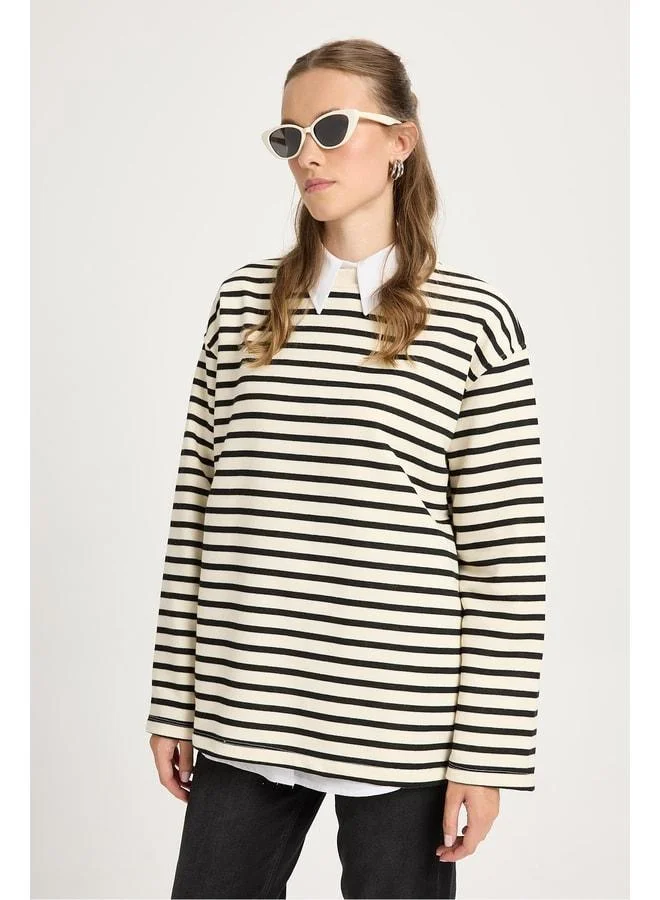 mina aise Women's Striped Oversize Black Cream Sweatshirt 30010.