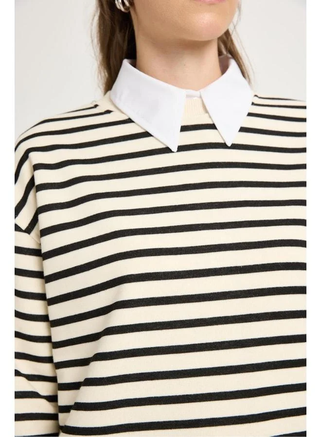 mina aise Women's Striped Oversize Black Cream Sweatshirt 30010.