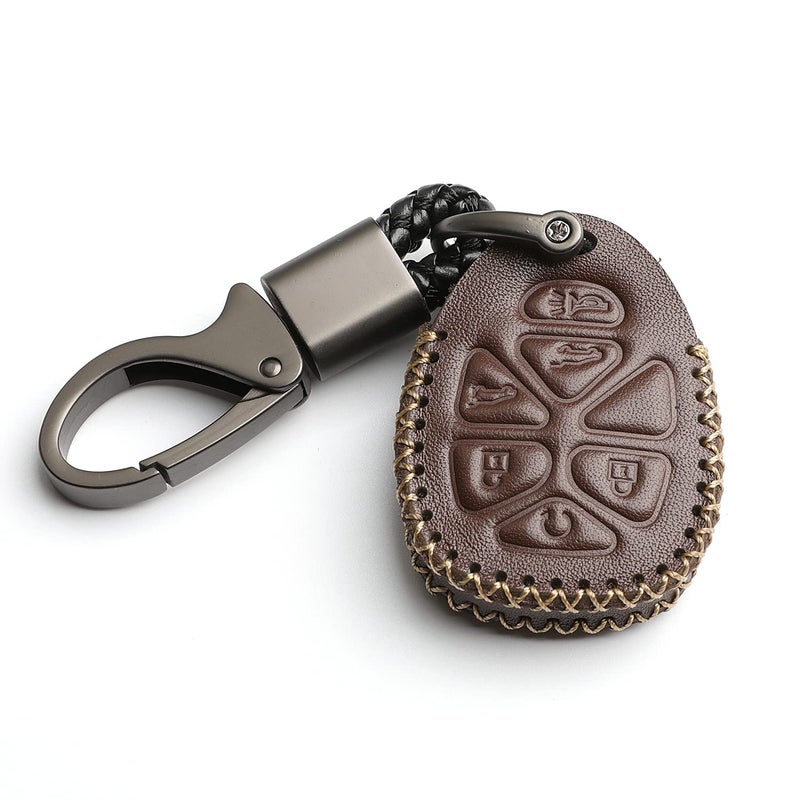 WFMJ Leather for GMC Acadia Yukon XL Cadillac Escalade Chevrolet Suburban Tahoe 6 Buttons Key Case Holder Cover Fob Chain Brown