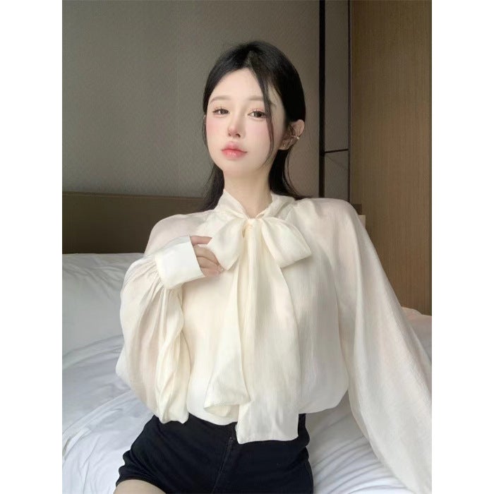 French Style Elegant Strap Bow Long Sleeve Shirt Womens Design Sense Niche Chic Shirt Top Spring and Autumn New Off-white
