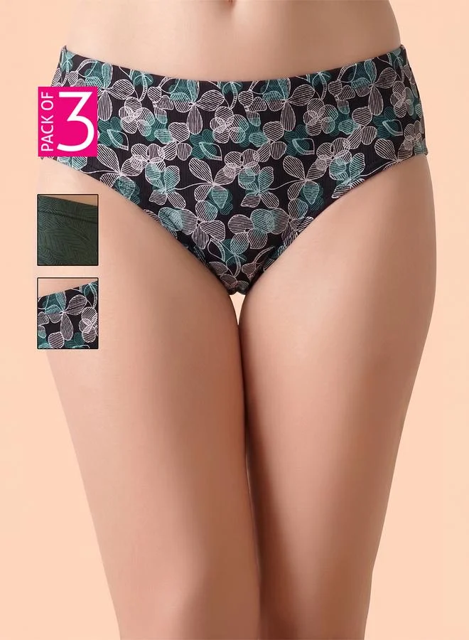 كلوفيا Pack of 3-Mid Waist Printed Hipster Panties with Inner Elastic - 100% Cotton