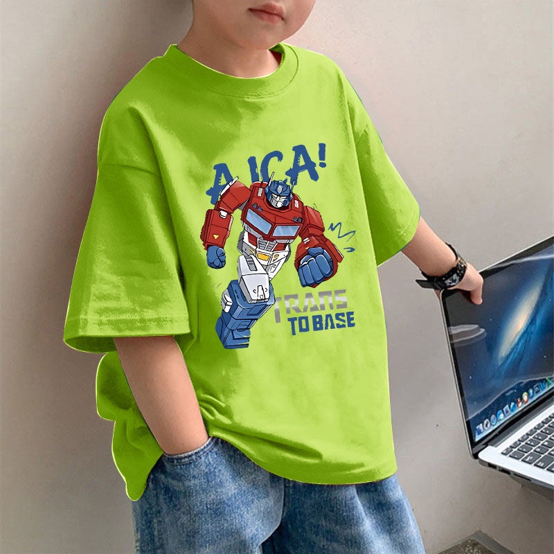 2034 # Boys' Summer T-Shirt Pure Cotton Summer Top Cartoon Anime Half-Sleeve Machine Baby Top Base Shirt - Image 1
