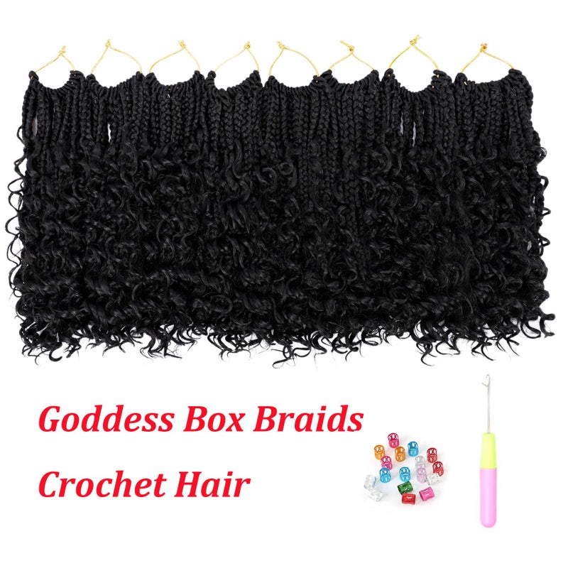 Eerya Goddess Box Braids Crochet Hair 10 Inch 8 Packs Pre-looped Bohemian Crochet Boho Box Braids With Curly Ends Synthetic Hair Extensions 3X Crochet Braids Hair for Women (10 inch, #1B) - Image 2