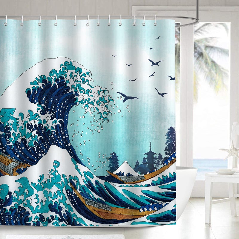 Bonhause Great Wave Shower Curtain Japanese Anime Kanagawa Ocean Blue Bathroom Decor 72 x 72 Inch Polyester Fabric Waterproof Bath Curtain with 12 Hooks