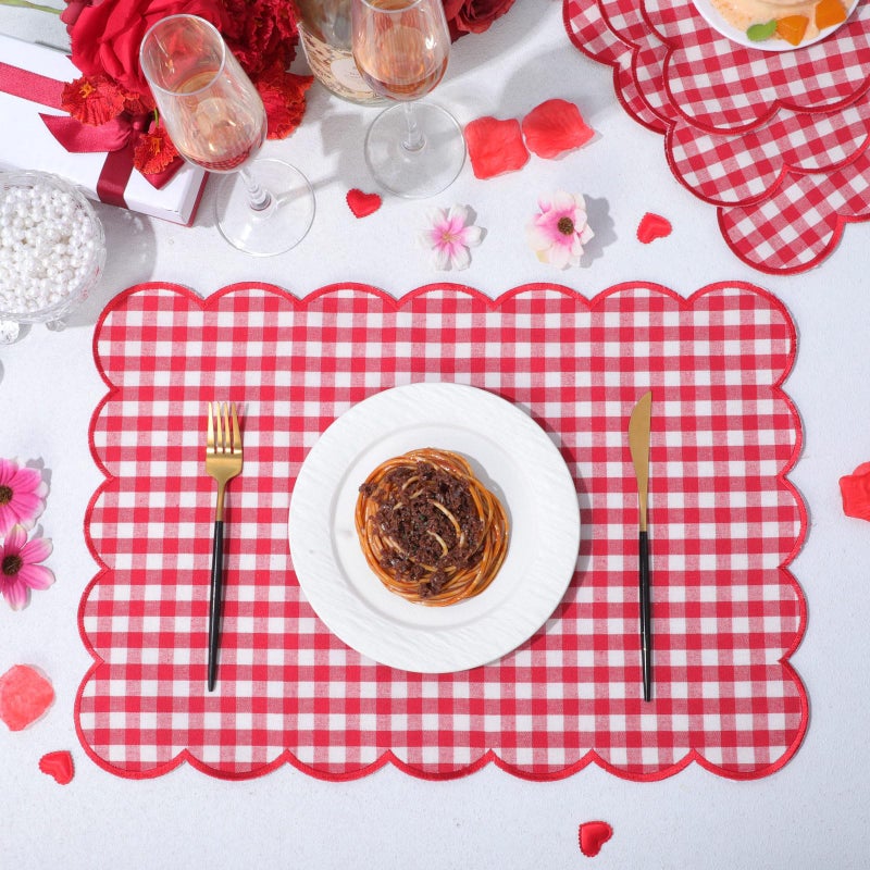 SmoothNovelty 6 Pcs Gingham Linen Placemats 13 x 19 Inch Check Plaid Table Mat Buffalo Plaid Washable Scalloped Wavy Embroidery Placemat for Spring Dining Tables Tea Party(Red) - Image 4