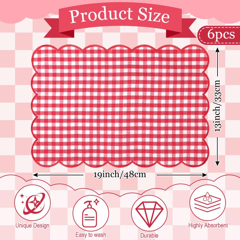 SmoothNovelty 6 Pcs Gingham Linen Placemats 13 x 19 Inch Check Plaid Table Mat Buffalo Plaid Washable Scalloped Wavy Embroidery Placemat for Spring Dining Tables Tea Party(Red) - Image 2