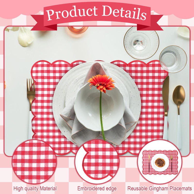 SmoothNovelty 6 Pcs Gingham Linen Placemats 13 x 19 Inch Check Plaid Table Mat Buffalo Plaid Washable Scalloped Wavy Embroidery Placemat for Spring Dining Tables Tea Party(Red) - Image 3