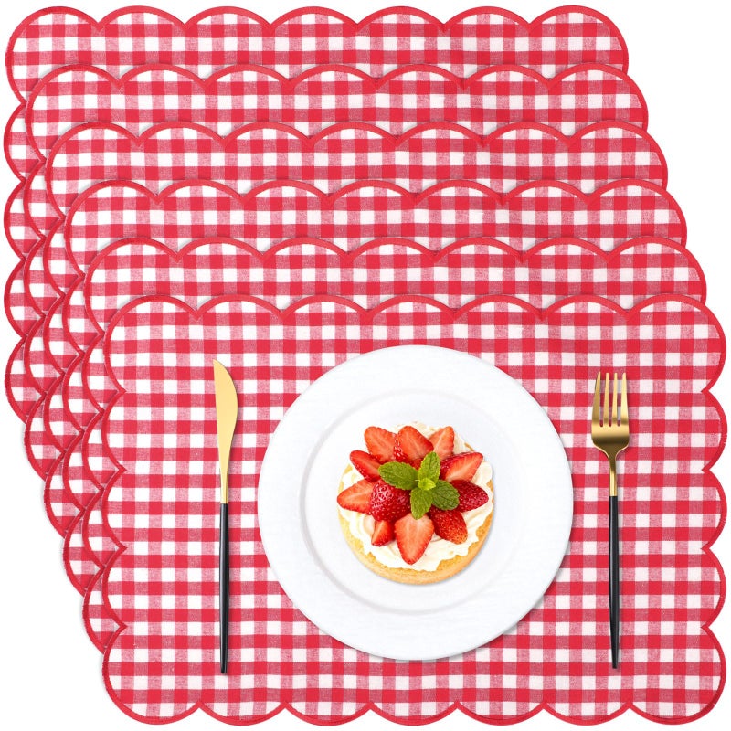 SmoothNovelty 6 Pcs Gingham Linen Placemats 13 x 19 Inch Check Plaid Table Mat Buffalo Plaid Washable Scalloped Wavy Embroidery Placemat for Spring Dining Tables Tea Party(Red) - Image 1