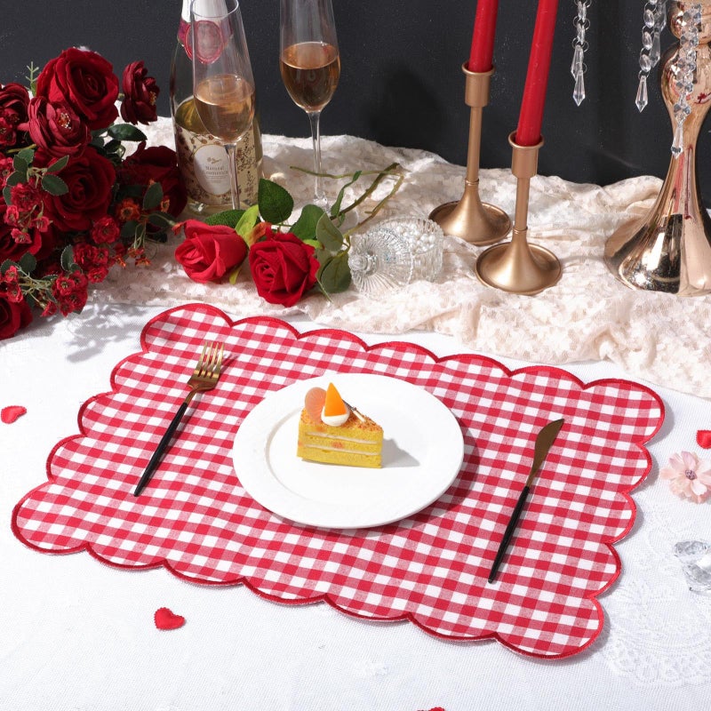 SmoothNovelty 6 Pcs Gingham Linen Placemats 13 x 19 Inch Check Plaid Table Mat Buffalo Plaid Washable Scalloped Wavy Embroidery Placemat for Spring Dining Tables Tea Party(Red) - Image 5