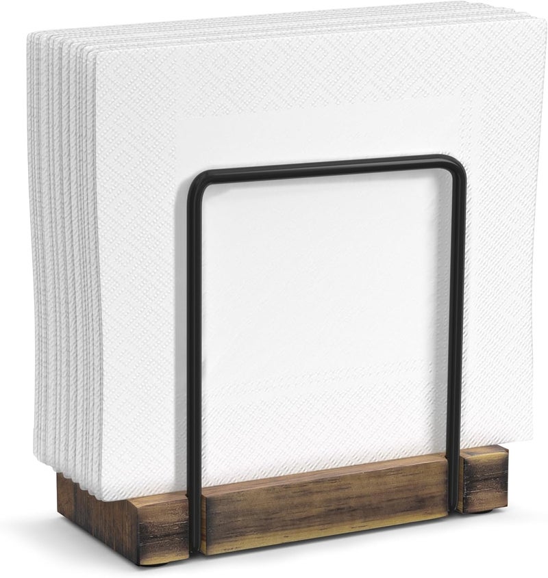 Wican Napkin Holder for Table, Wood Iron Standing Napkin Dispenser for Dining Table Farmhouse Cocktail Picnic Rustic Wooden Holders All Kitchen Dining Room Decor Black & Farmhouse Brown - Image 1