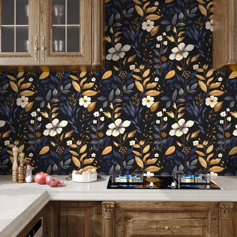 Laatse Vintage Dark Floral Wallpaper Peel and Stick Blue/Gold Leaf Wallpaper Waterproof Self Adhesive Removable Boho Wall Paper Modern for Bedroom Walls Drawer Cabinet 17.5in x 197in - Image 4