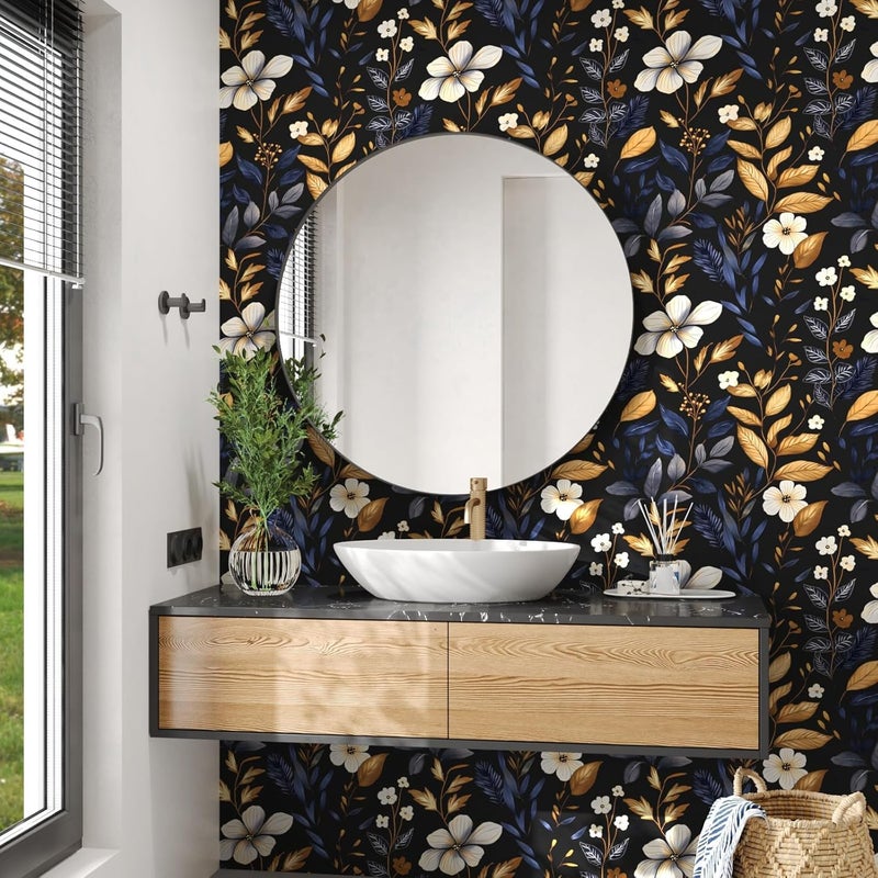 Laatse Vintage Dark Floral Wallpaper Peel and Stick Blue/Gold Leaf Wallpaper Waterproof Self Adhesive Removable Boho Wall Paper Modern for Bedroom Walls Drawer Cabinet 17.5in x 197in - Image 5