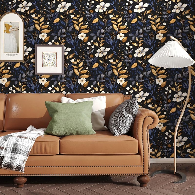 Laatse Vintage Dark Floral Wallpaper Peel and Stick Blue/Gold Leaf Wallpaper Waterproof Self Adhesive Removable Boho Wall Paper Modern for Bedroom Walls Drawer Cabinet 17.5in x 197in - Image 2