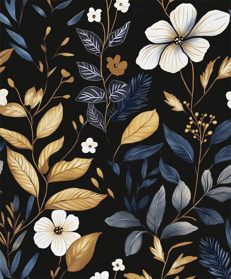 Laatse Vintage Dark Floral Wallpaper Peel and Stick Blue/Gold Leaf Wallpaper Waterproof Self Adhesive Removable Boho Wall Paper Modern for Bedroom Walls Drawer Cabinet 17.5in x 197in - Image 1