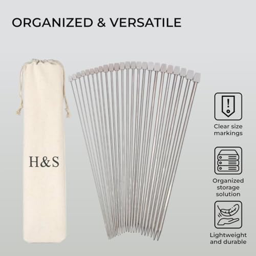 HST H&S Knitting Needles Set for Beginners Knitting Accessories - 11 Pairs of Stainless Steel Knitting Needles with Firm Grip Handle - Single Pointed Needle Set with Pouch for Easy Storage - Image 3