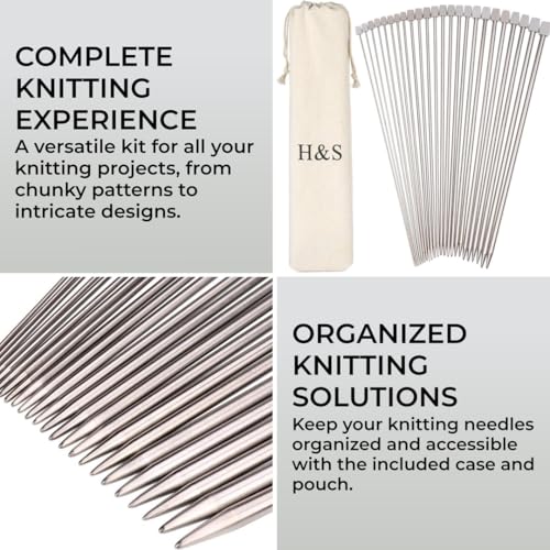 HST H&S Knitting Needles Set for Beginners Knitting Accessories - 11 Pairs of Stainless Steel Knitting Needles with Firm Grip Handle - Single Pointed Needle Set with Pouch for Easy Storage - Image 2