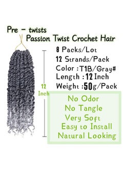 LOSMOEER 8 Packs Passion Twist Hair 12 Inch Pre-twisted Passion Twist Crochet Hair Pre-looped Crochet Braids for Women Passion Twists Braiding Hair Synthetic Hair Extensions (12Strands/Pack; T1B/Gray#)  - Image 4