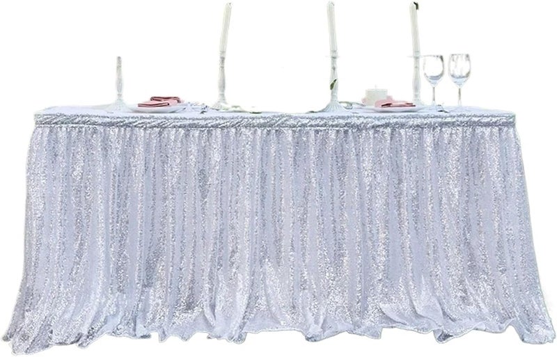 Table Skirt 14ft Table Skirt Sequins Rectangle Square Round Glitter Tablecloth For Wedding Party Dinner Decoration(1PC Silvery,70x250cm) - Image 1