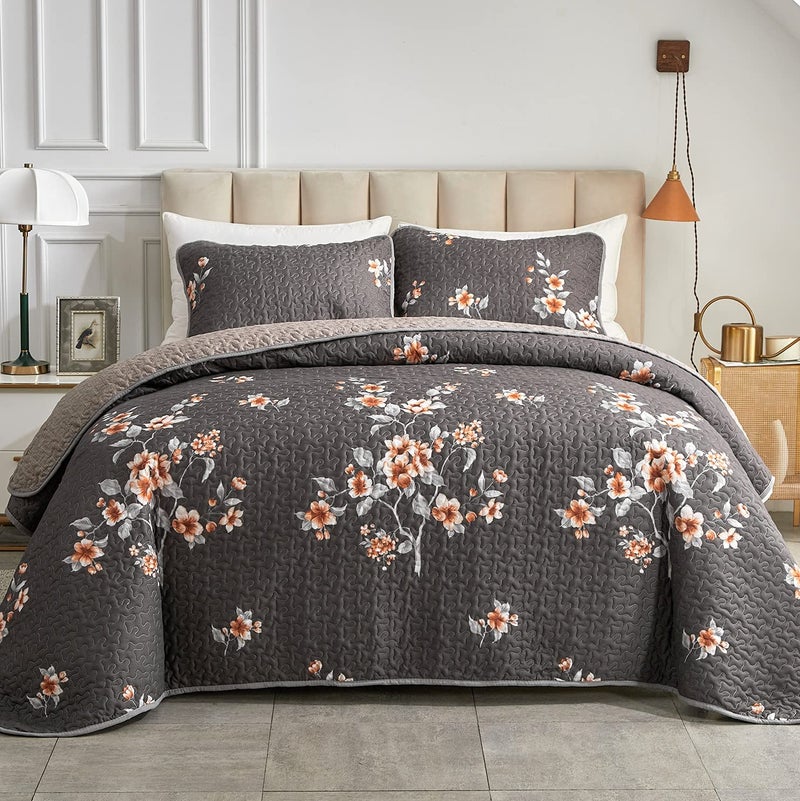 3 Pieces Quilt Set FullQueen Size Dark Gray Floral Reversible Bedspread Coverlet Set Soft Microfiber Lightweight Bed Cover for All Season 90 x 90 1 Quilt 2 Pillow Shams