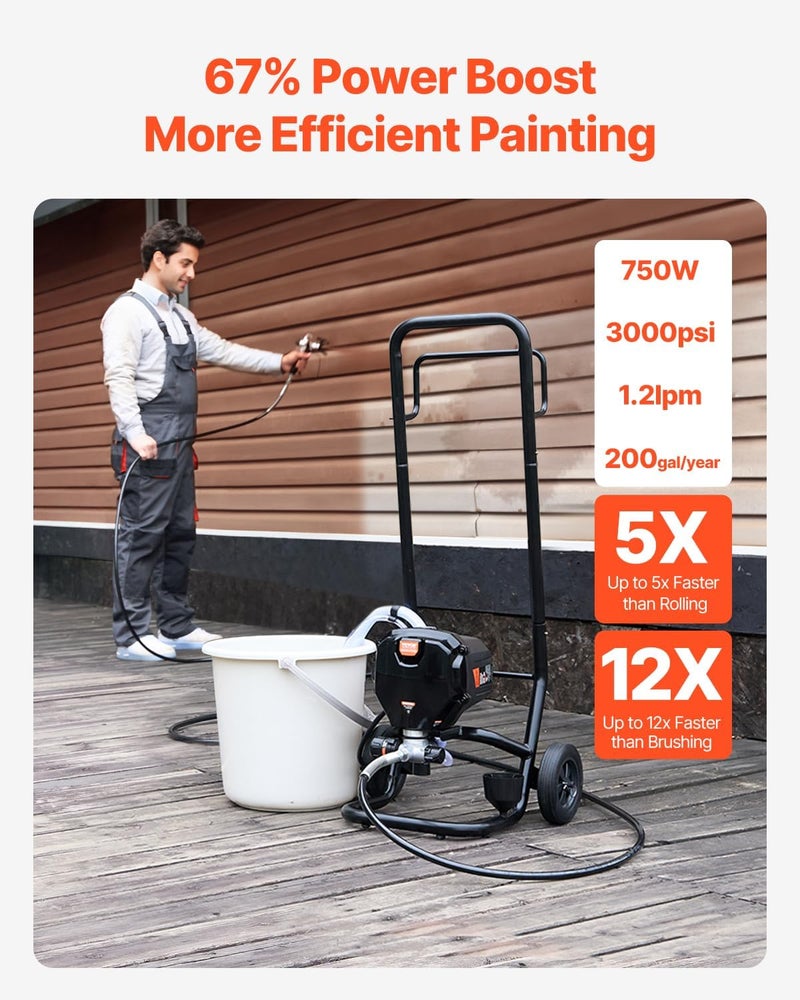 VEVOR 750W Stand Airless Paint Sprayer, 3000PSI High Efficiency Electric Airless Sprayer with Cart, Paint Sprayers for Home Interior and Exterior Furniture and Fences, Fine and Even Painting Effect - Image 2