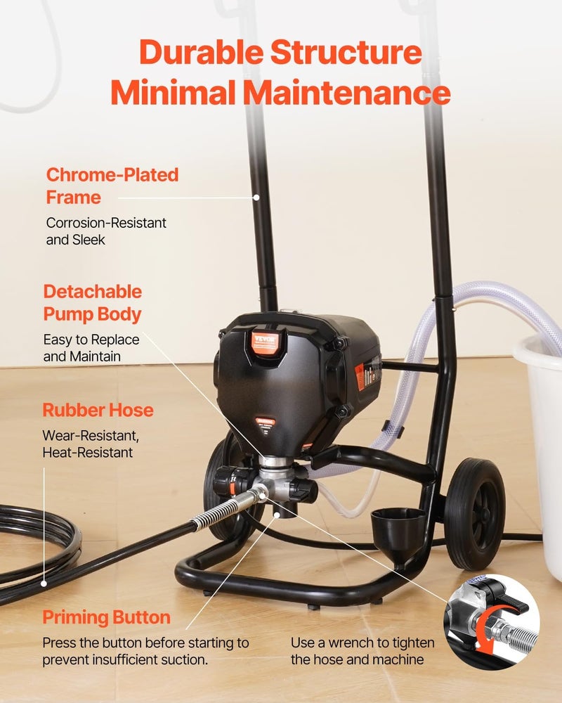 VEVOR 750W Stand Airless Paint Sprayer, 3000PSI High Efficiency Electric Airless Sprayer with Cart, Paint Sprayers for Home Interior and Exterior Furniture and Fences, Fine and Even Painting Effect - Image 5