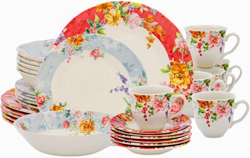 TUDOR ENGLAND Tudor Royal Collection 30Piece Porcelain Round Dinnerware Set Service for 6 Crimson Design Summer Flowers Plates Bowls Mugs Dishes Glossy Premium Quality Tableware - Image 1