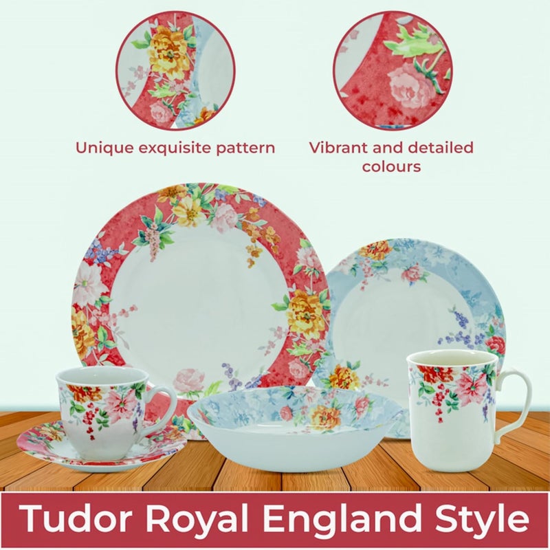 TUDOR ENGLAND Tudor Royal Collection 30Piece Porcelain Round Dinnerware Set Service for 6 Crimson Design Summer Flowers Plates Bowls Mugs Dishes Glossy Premium Quality Tableware - Image 3