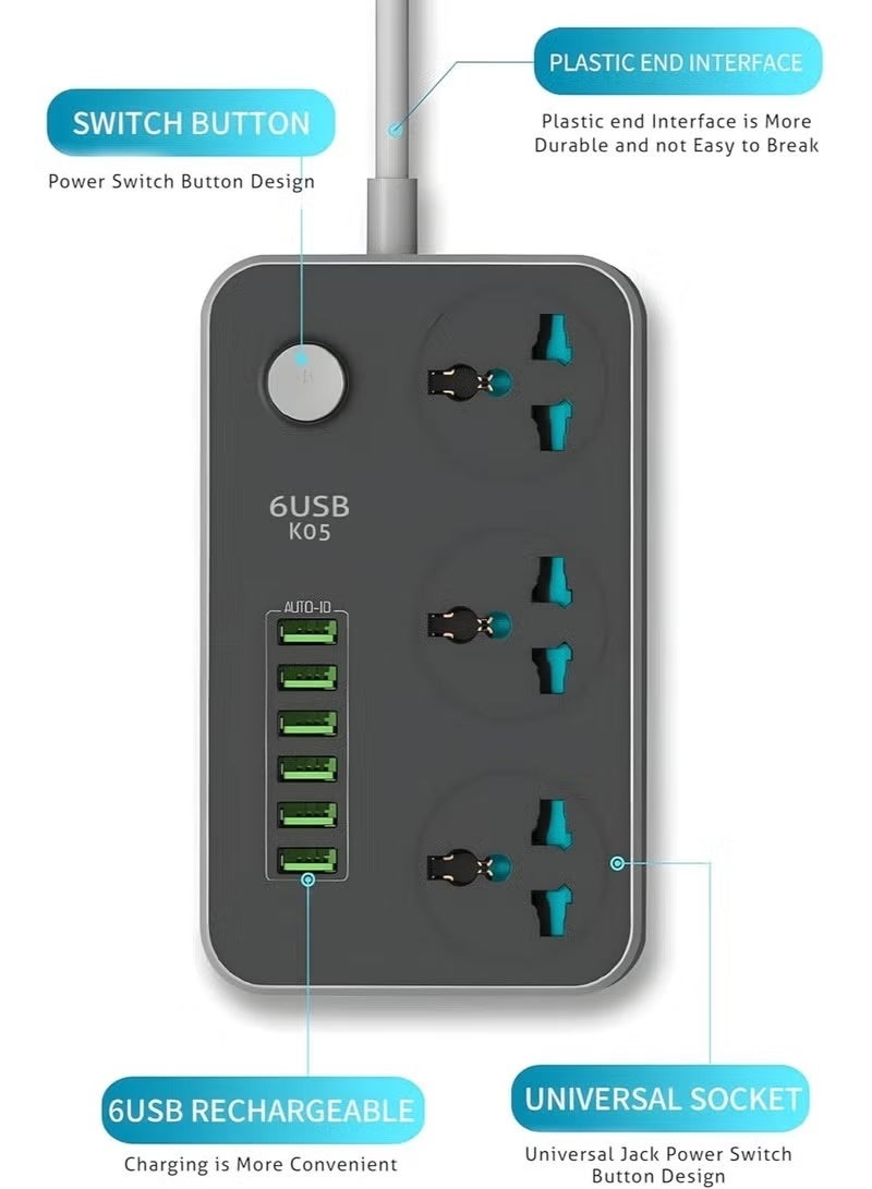 "NEW GLOBAL Extension Cord with 6 USB Slots & 3-Way Plug – Heavy Duty Power Strip with Surge Protector (Black)" - Image 1
