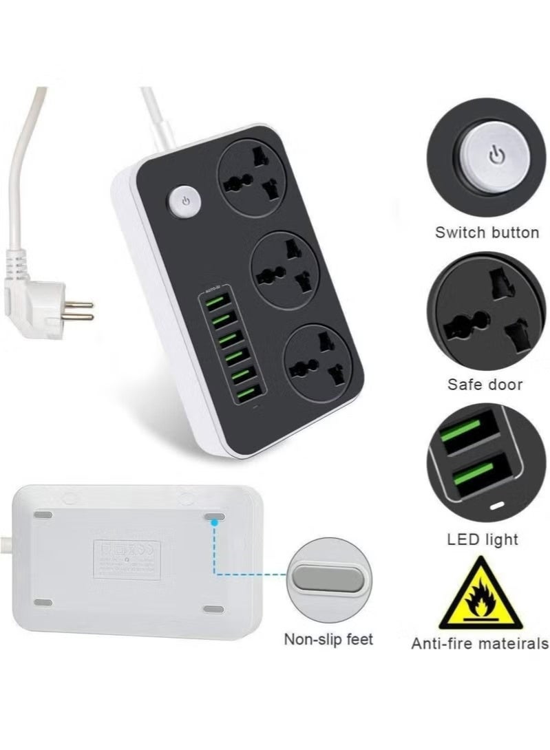 "NEW GLOBAL Extension Cord with 6 USB Slots & 3-Way Plug – Heavy Duty Power Strip with Surge Protector (Black)" - Image 2