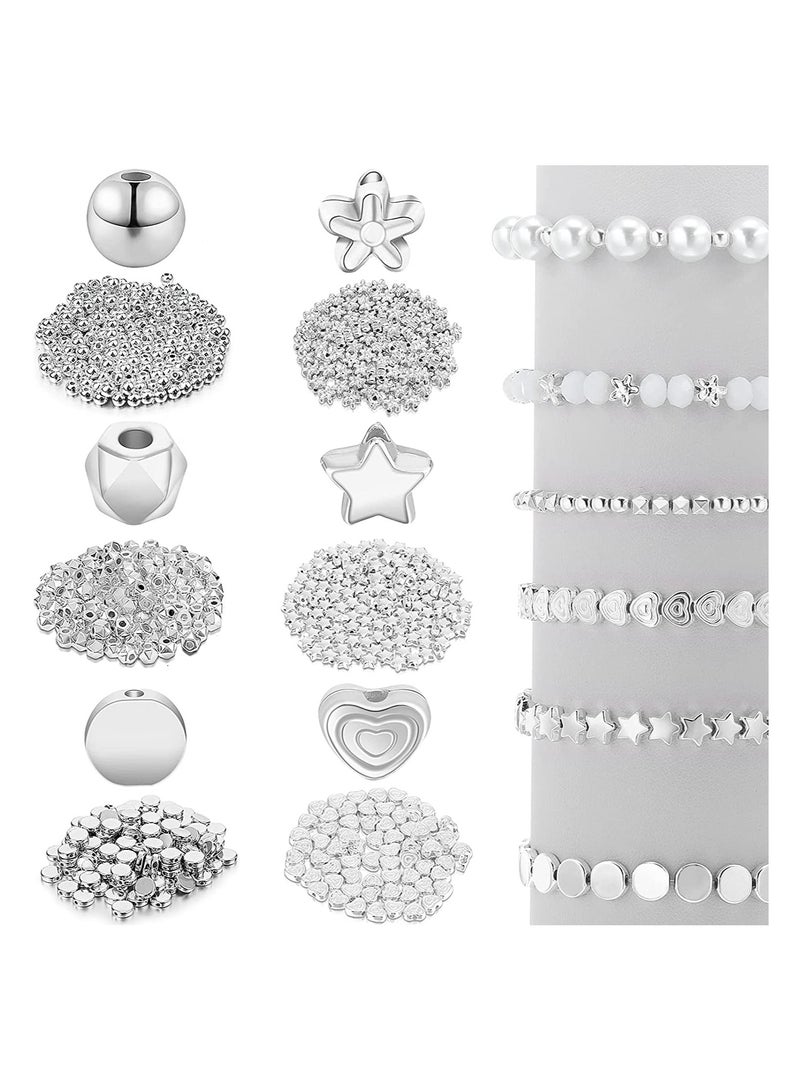 SYOSI خرز فضفاض، مجموعة خرز فاصل SYOSI 1200 قطعة، خرز نجمي دائري، خرز فاصل مقطع، خرز قلب، خرز زهرة، خرز قرص مسطح لصنع المجوهرات (فضي) - Image 1