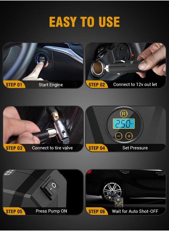 Xoopla Digital Car Tire Inflator, 150PSI Air Compressor, DC12V Cord Portable Air Pump with Digital Pressure Display, 3 Nozzle, LED light, Valve Adaptors for Car/Bicycle/Moto/Ball  - Image 5