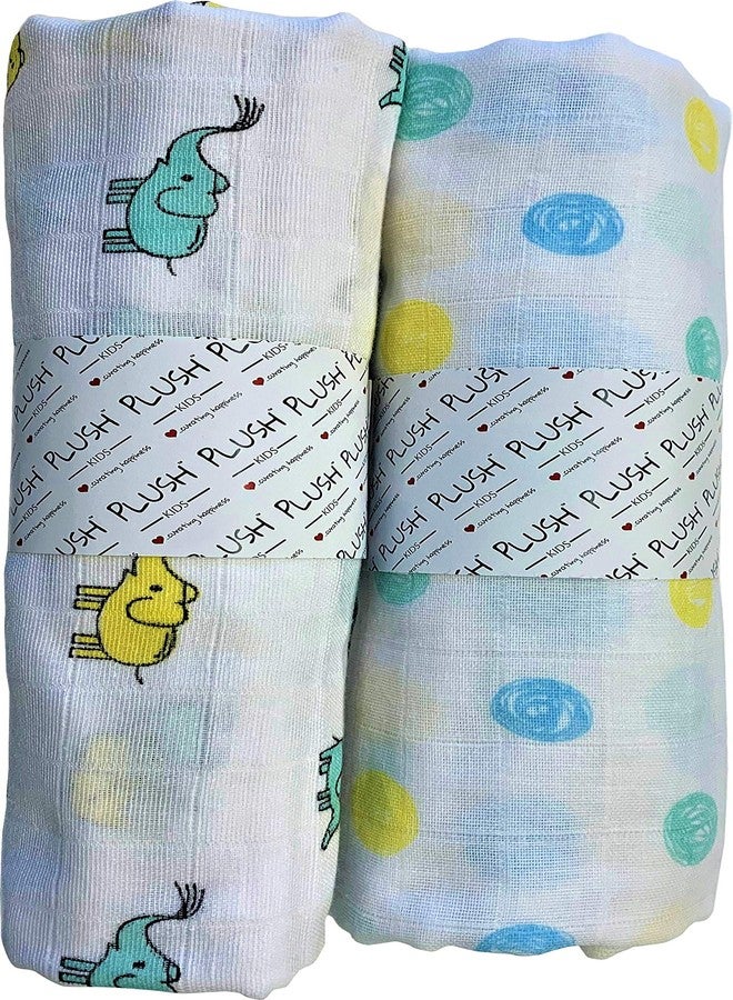 Plush Kids لفافة قماط قطنية موسلين فاخرة للأطفال من Plush Kids، عبوة من قطعتين (115 × 115 سم، من 0 إلى 6 أشهر، بنقشة منقطة وفيل) - Image 1