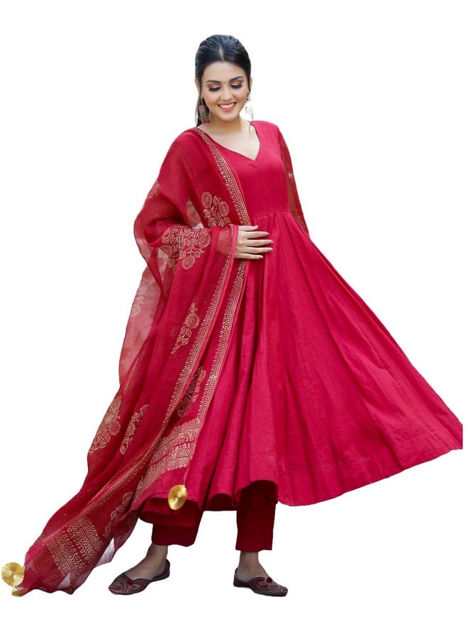 آني ديزاينر - قميص أناركلي كورتا من مزيج القطن للنساء من ANNI DESIGNER مع بنطلون ووشاح (Magic-RED_XL_Red_X-Large) - Image 1