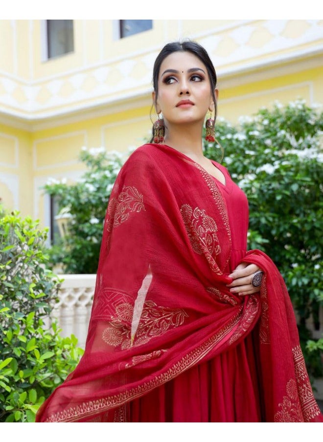 آني ديزاينر - قميص أناركلي كورتا من مزيج القطن للنساء من ANNI DESIGNER مع بنطلون ووشاح (Magic-RED_XL_Red_X-Large) - Image 1